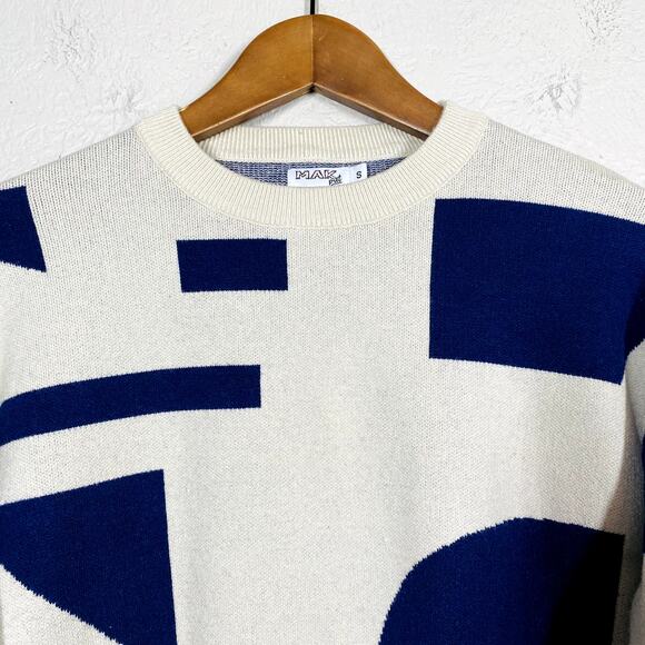 Mak Pret Crewneck Mod Sweater Geo Long Sleeve Casual Knit Blue - S - Picture 2 of 4